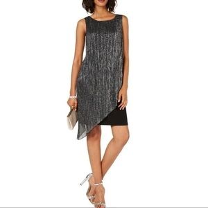 Connected Apparel Black Silver Crinkled Metallic Flyaway Shift Dress Size 8